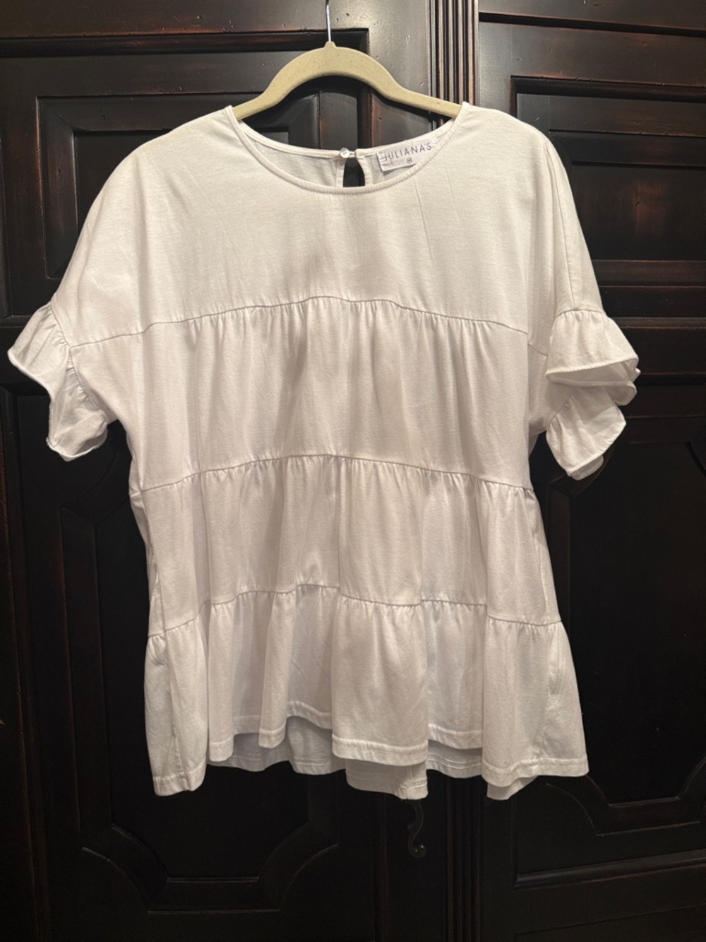 Julianas White Short-Sleeve Tiered Ruffle Blouse